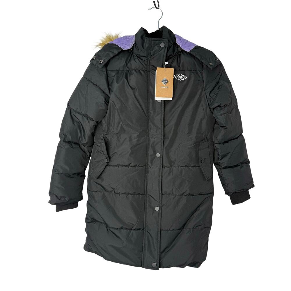 Wantdo Black Puffer Coat Faux Fur Hood Recycled Insulated Girls Size 10–12